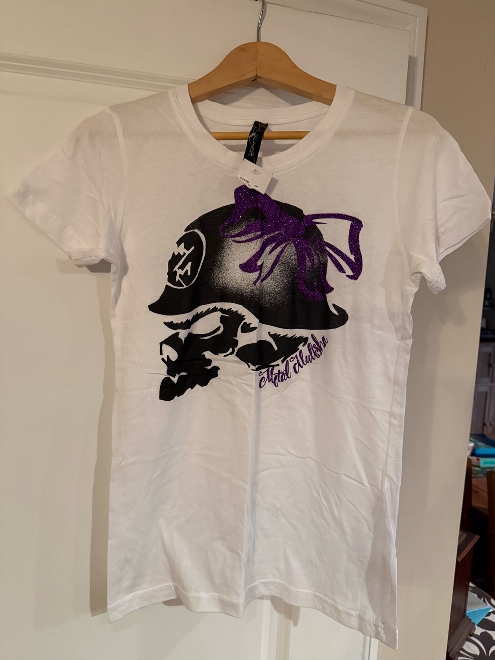 Metal Mulisha White Short-Sleeve Tee with Black Skull and Purple Bow